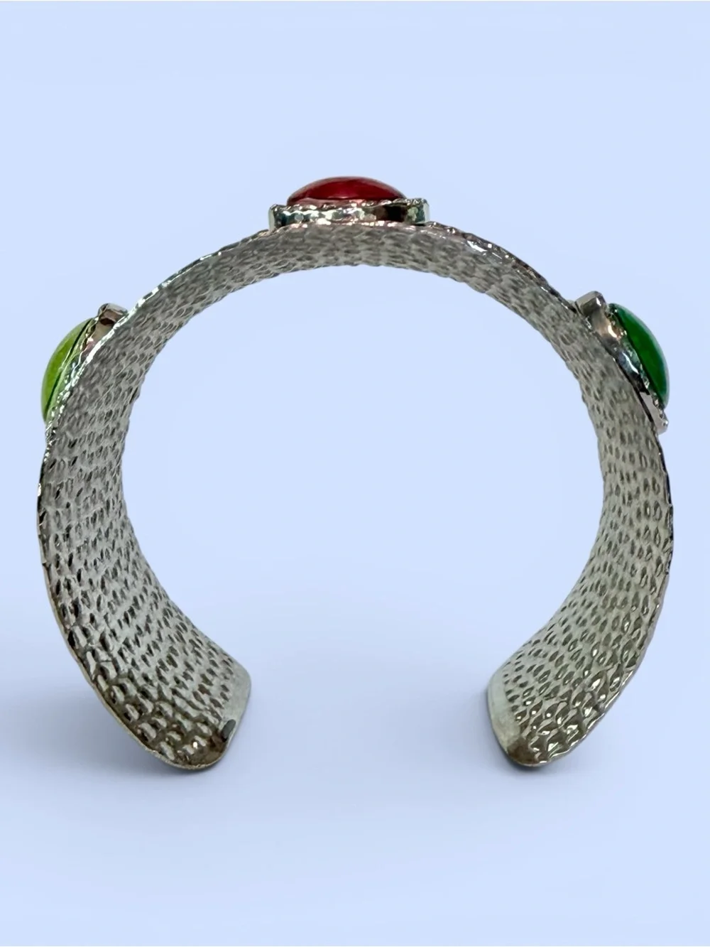 Hammered Silver-tone Cuff Bracelet Colored Round Cabochon‎ Stones Clear Crystals